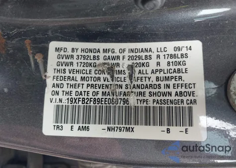 2014 Honda Civic Ex z USA, uszkodzony, nr VIN 19XFB2F89EE080796